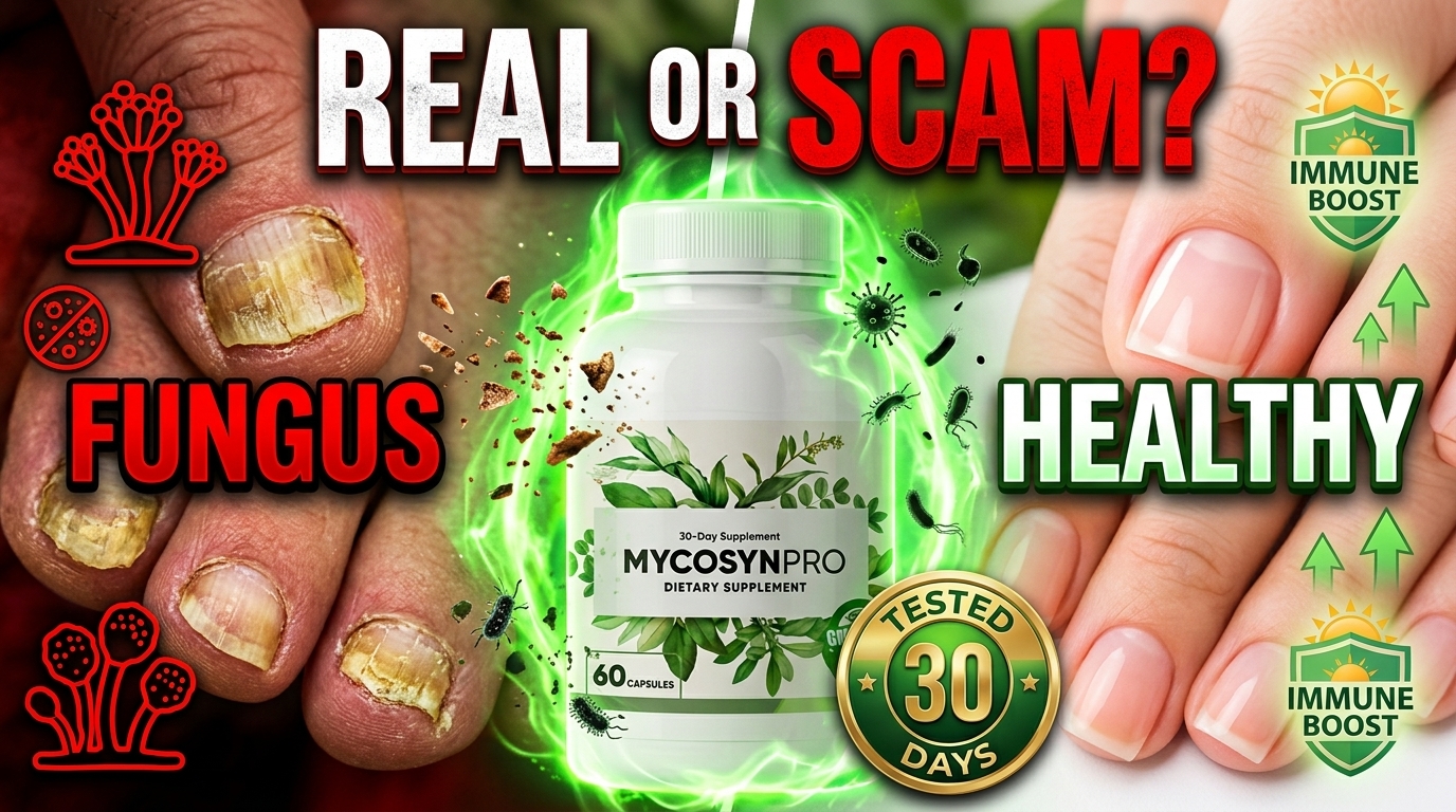 Create a high-converting YouTube thumbnail for a fungal infection supplement review titled “Mycosyn Pro Review 2026 – Worth It?”. Show a dramatic split scene: on the left side infected toenails (yellow, thick, cracked) with fungus icons labeled “FUNGUS”. On the right side clean, healthy nails glowing labeled “HEALTHY”. In the center place a glowing Mycosyn Pro supplement bottle with green antifungal aura and bacteria disappearing effects. Add visual elements like fungus breaking apart, nail regrowth arrows, and immune boost icons. Include a badge “TESTED 30 DAYS” and bold headline text “REAL OR SCAM?”. Use cinematic lighting, green + red contrast, high contrast, modern YouTube clickbait style.
